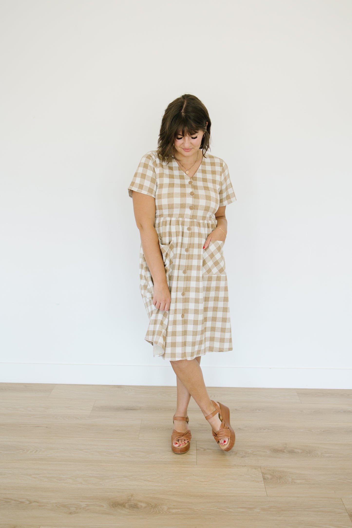 Clover Gingham Dress in Tan