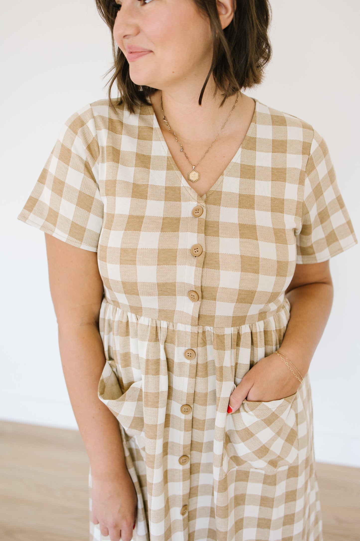 Clover Gingham Dress in Tan