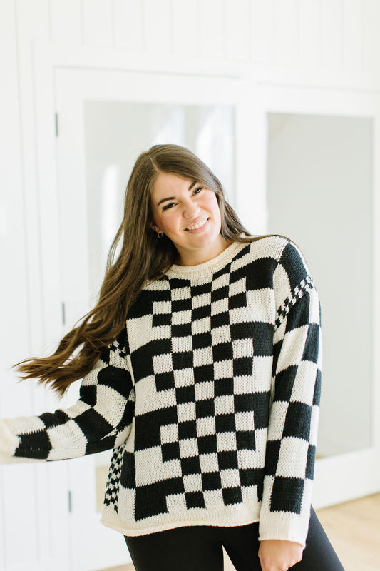 Retro Checkerboard Oversized Sweater