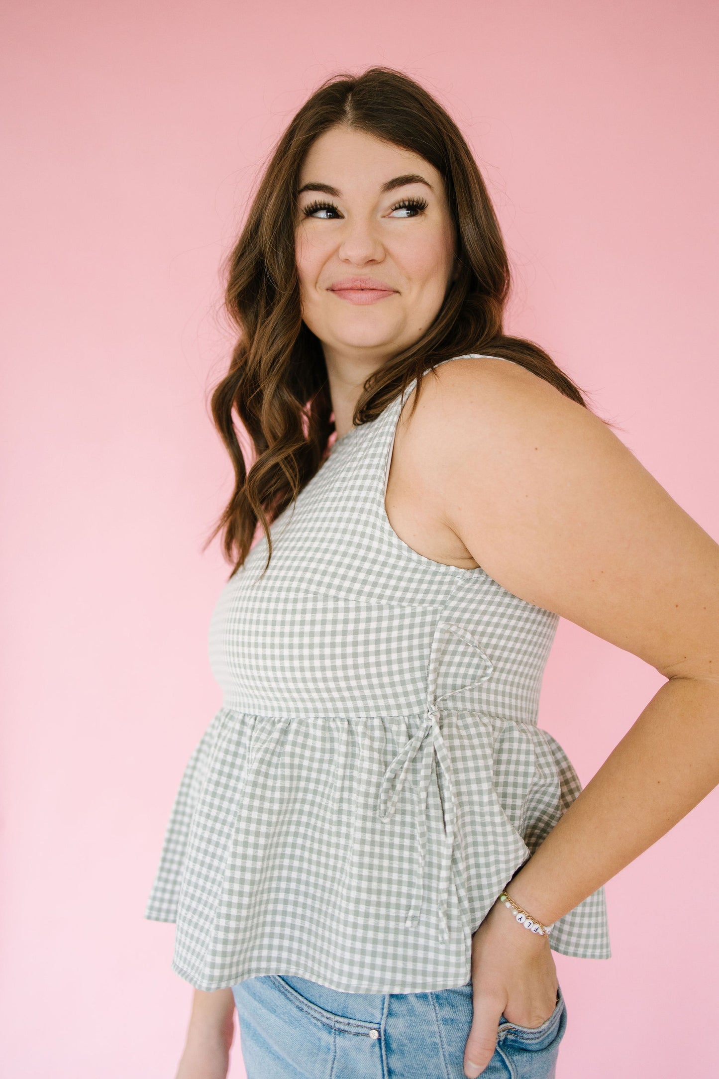 Diane Gingham Peplum in Sage