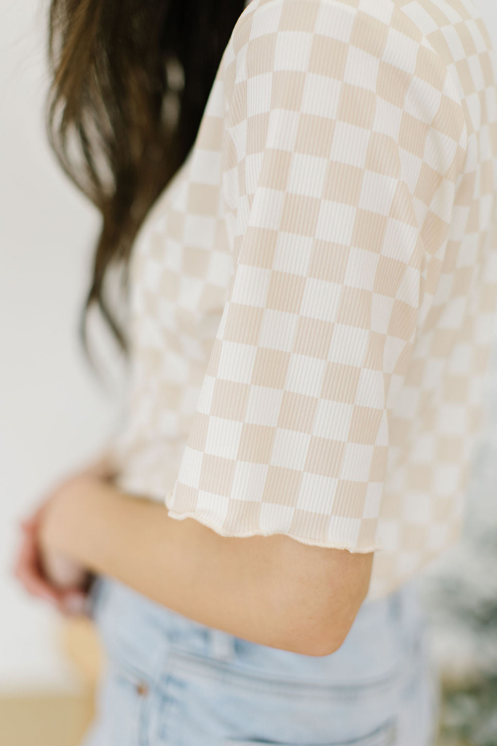 Cece Checkered Top in Taupe